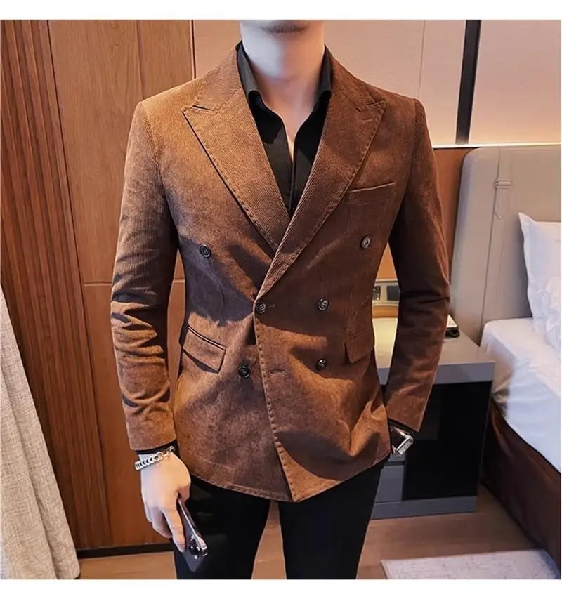 Autumn Winter Corduroy Suit Jacket Purple Man Suit Coat Solid color Double breasted slim fit Suit Man tops