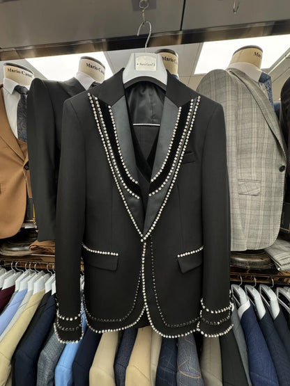 New Arrival Suit Set 3 Pieces For Man Banquet Dancing Wear Stylish Gorgeous Beaded Peak Lapel Men's Suits Wedding Groom Sets