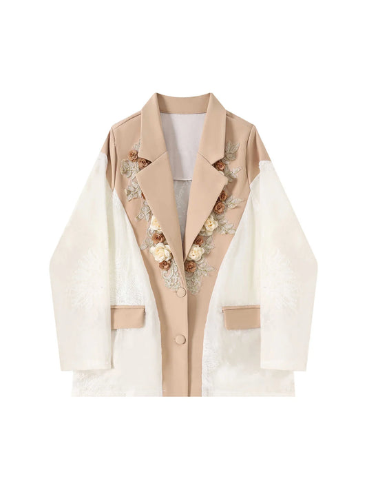 Women Lace Patchwork Blazer Coat Fashion Vintage Harajuku Long Sleeve Embroidery Suit Jacket Outerwear Top 2000s Clothes Autumn