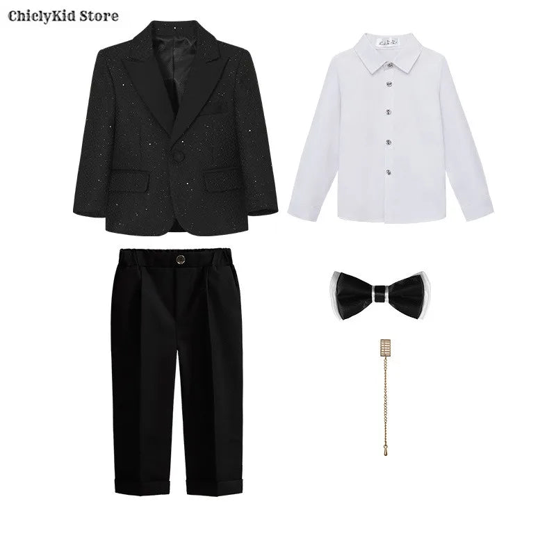 High Quality Boys Shiny Wedding Suits Kids Morning Coat Formal Dress Child Tuxedos Blazer Clothes Sets Toddler School Uniforms