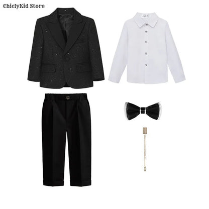 High Quality Boys Shiny Wedding Suits Kids Morning Coat Formal Dress Child Tuxedos Blazer Clothes Sets Toddler School Uniforms