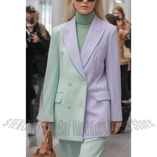 New Design Contrast Color Women's Suits Stylish Double Breasted Blazer Set 2 Pieces Smart Casual Daily Set(Jacket+Pants)