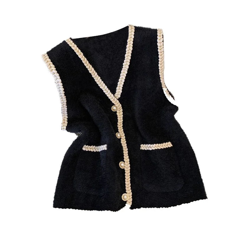 Spring And Autumn Annals Female New V-neck Knitted Mink Velvet Vest Women Xiaoxiangfeng Sweater V-neck Vest Shoulder Tops Jacket