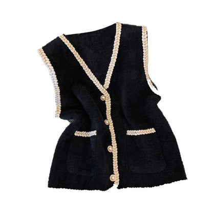 Spring And Autumn Annals Female New V-neck Knitted Mink Velvet Vest Women Xiaoxiangfeng Sweater V-neck Vest Shoulder Tops Jacket