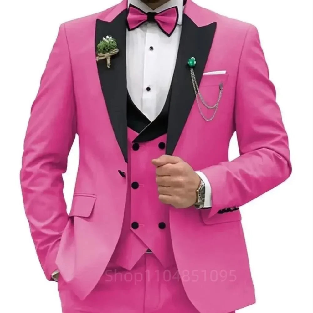 3 Pieces Men's Wedding Suits Formal Groom Tuxedo Slim Fit Business Casual Double Breasted Blazer Vest Pants Set for Party