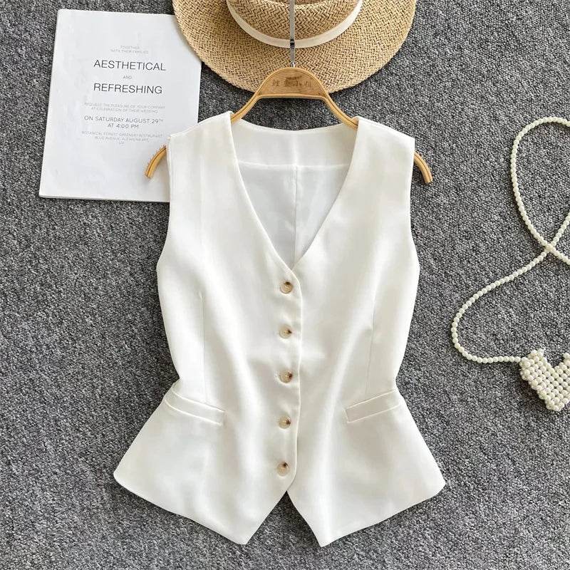 Summer Women V-neck Suit Sleeveless Jacket Femme Casual Short Waistcoat Top Korean Ladies Fashion Solid Color Cardigan Vest Coat
