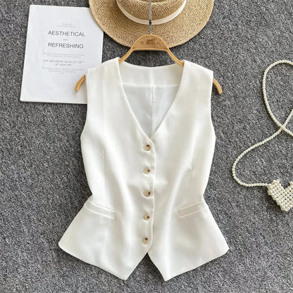 Summer Women V-neck Suit Sleeveless Jacket Femme Casual Short Waistcoat Top Korean Ladies Fashion Solid Color Cardigan Vest Coat