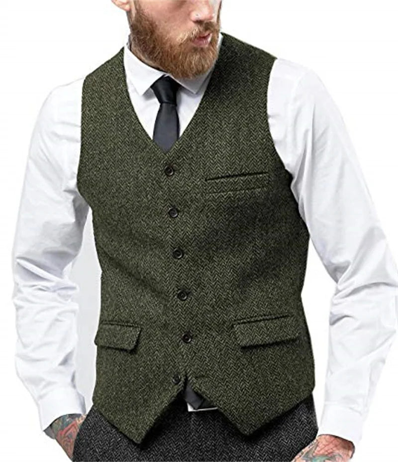 Men's Herringbone Waistcoat Single Breasted Slim Fit Suit Vest for Wedding & Formal Occasions