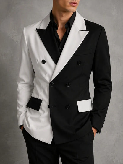 Men Color Block Blazer Peak Lapel Double Breasted Contrast Pocket Slim Fit Formal Wedding Groom Party Business Outerwear Jacket