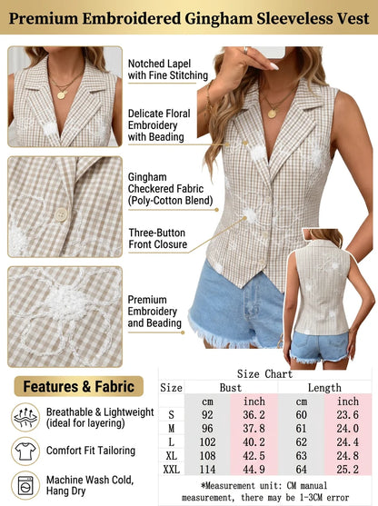 New Arrival for Spring, Summer & Autumn｜Elegant Lapel Plaid Vest with Random Embroidery, Fake Pockets, Versatile Casual Commuter