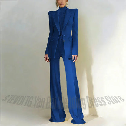 Women Pant Suit 2 Piece Set Office Female Business Work Formal Jacket Trouser One Button Chic Yellow Peaked Lapel Elegant Suit
