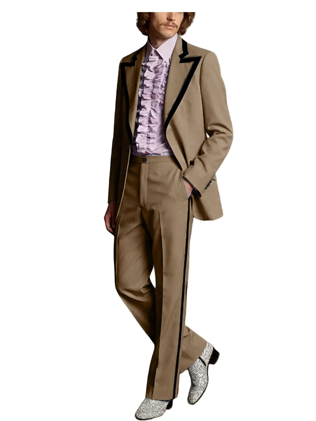 Men's Tuxedo Suit 2-Piece Slim Fit Blazer and Pants Set with Black Velvet Trim for Weddings and Formal Events