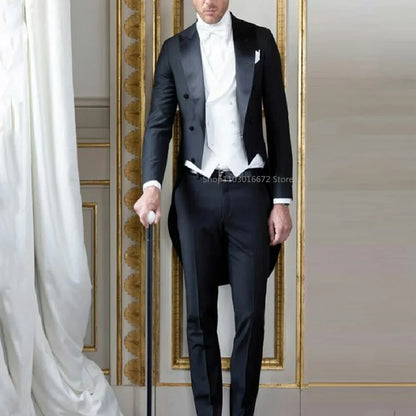 Men's 3-Piece Long-Tail Blazer Tuxedo Smoking Suit for Wedding Party Fashionable Male Jacket Coat Casual Formal Wear