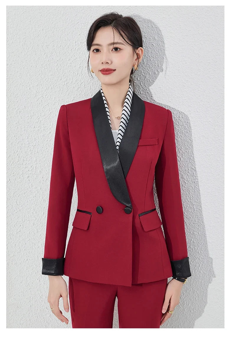 Autumn New Women's Pants Suit 2 Piece Clothing Set Elegant Chic Color Block Blazer Jacket and Trousers Sets Red Formal Work