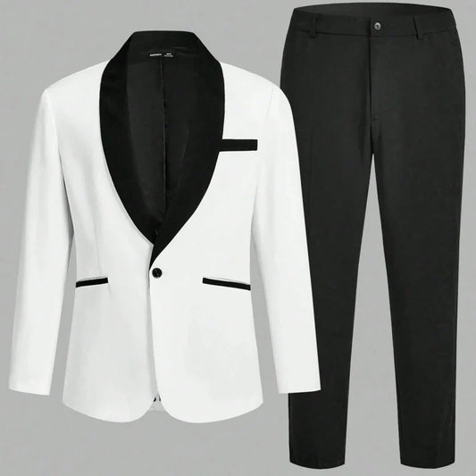 Men Suit White 2 Pieces With Black Lapel Business Casual Slim For Wedding Birthday Banquet Work Set Jacket With Pants