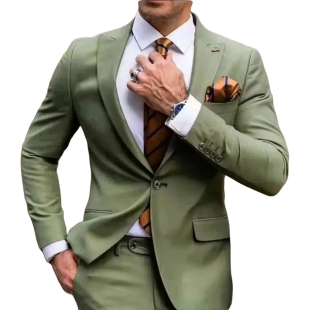 2-Piece Green Men's Slim Fit Suit with Split Collar Jacket And Long Pants Business Formal Men's Clothing