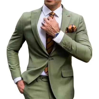 2-Piece Green Men's Slim Fit Suit with Split Collar Jacket And Long Pants Business Formal Men's Clothing