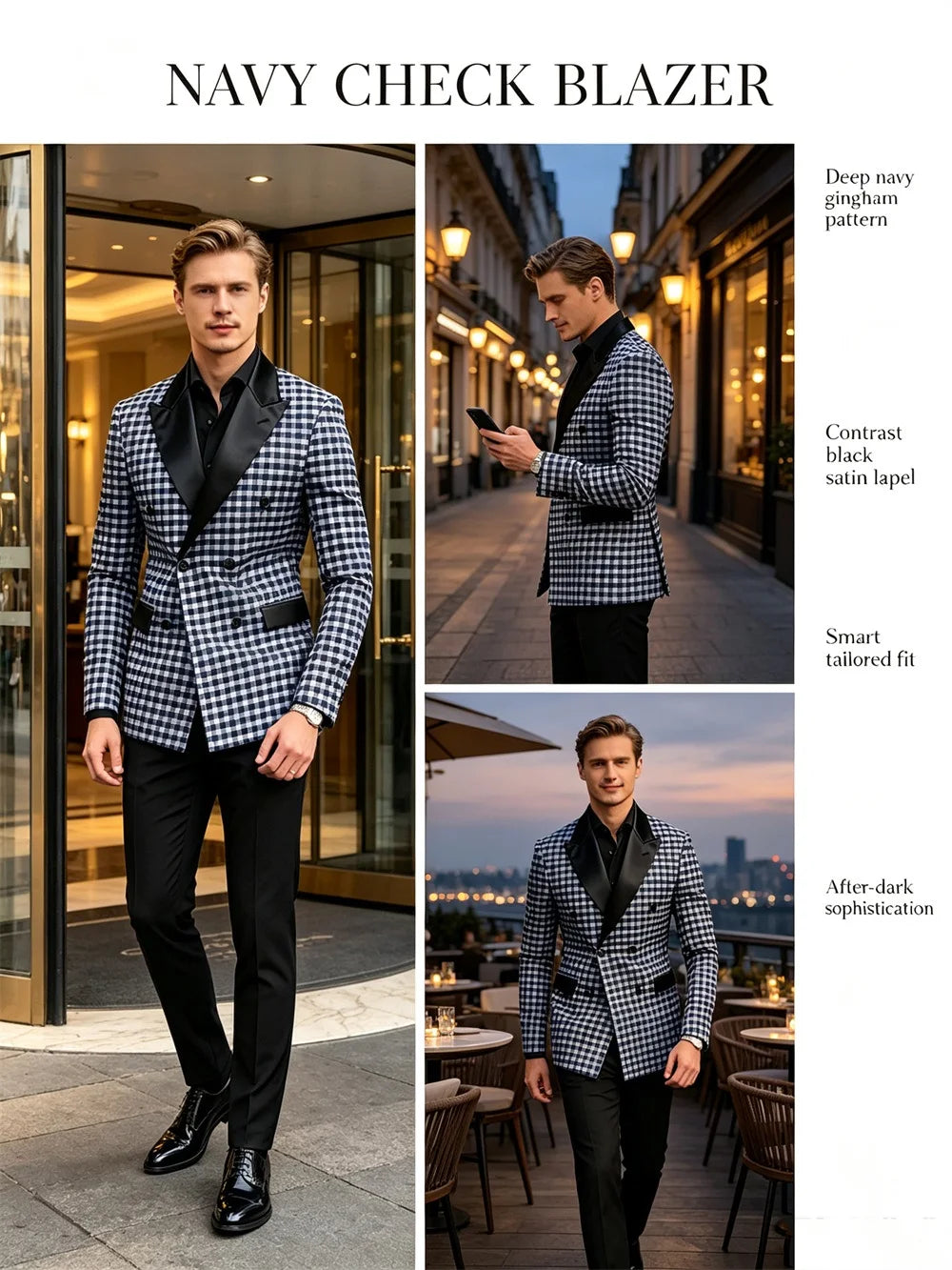 Men's Checkered Double Breasted Blazer Tailored Slim Fit Formal Jacket For Wedding Groom Cocktail Event Prom Dinner Party Coat