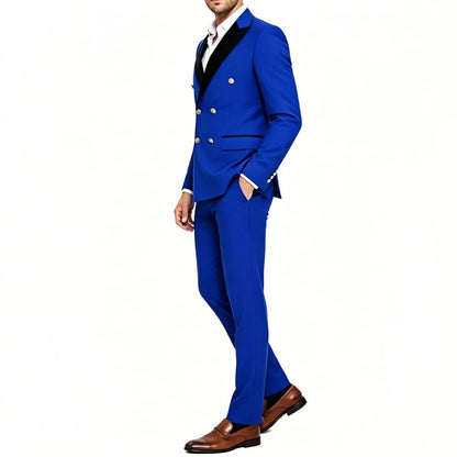 Men Suit 2 Pieces Royal Blue With Black Lapel Double Button For Wedding Business Banquet Party Office Daily Work Jacket And Pant