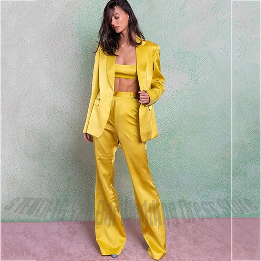 Yellow Satin Glossy Women Suits 2 Pieces Notched Lapel Straight Fit Jacket Pants Party Gala Runway Formal Outfit Stylish Look