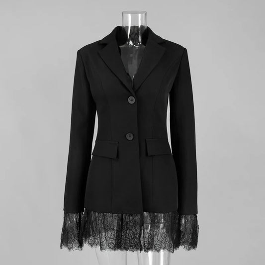 2026 Spring Autumn New Women Blazer Patchwork Lace Hem Waist-Cinching Elegant Fashion Office Lady Jacket Trend Coat HK18699