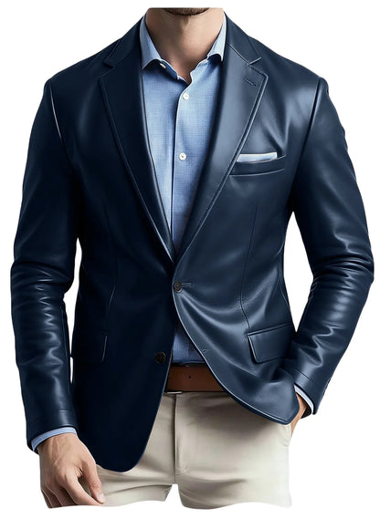 Men's Faux Leather Blazer Notch Lapel Flap Pockets Slim Fit Suit Jacket Coats For Casual Business Wedding Party