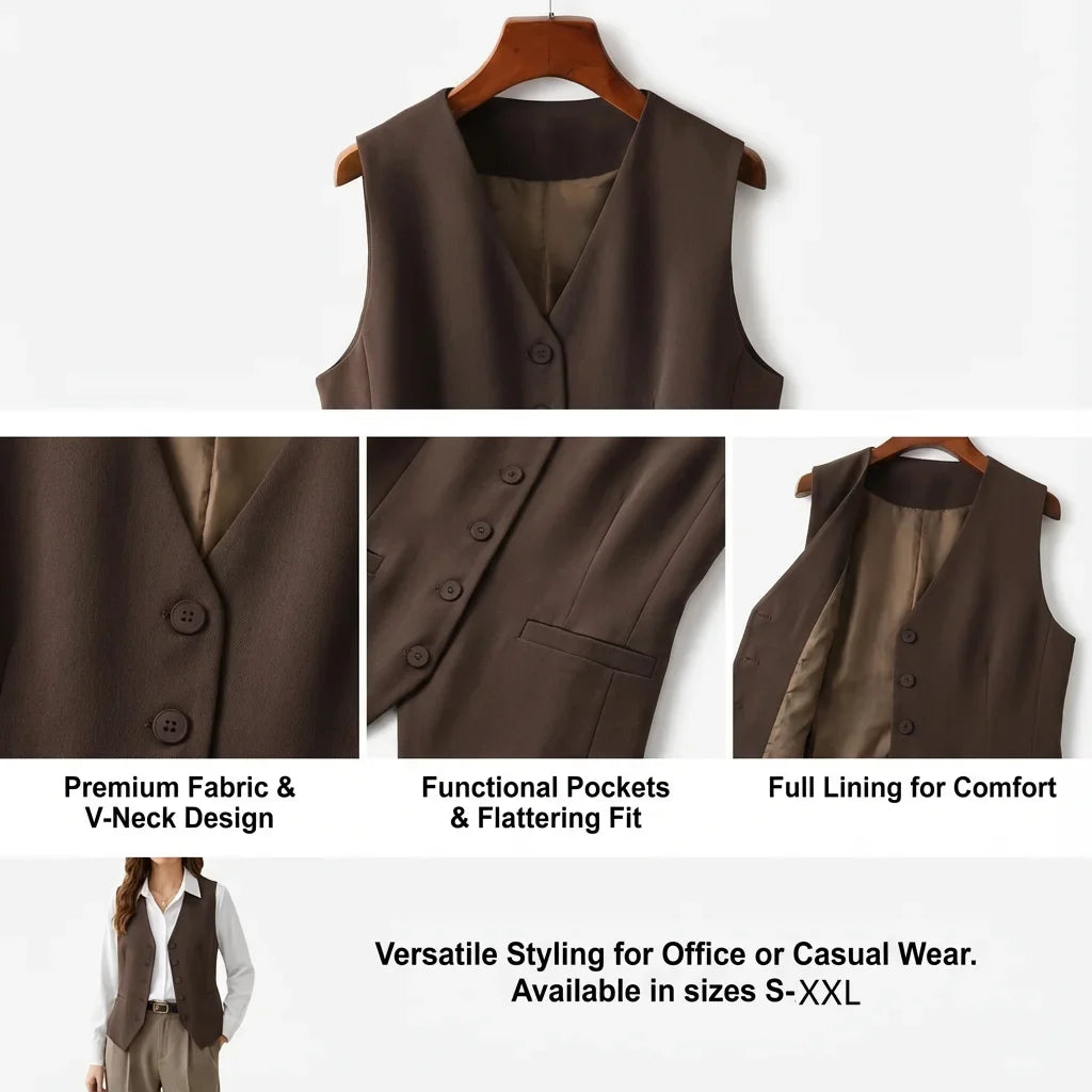 Vintage Inspired Women's Waistcoat Retro Brown V-Neck Slim Fit Suit Vest for a Classic Look，Office & Business Casual