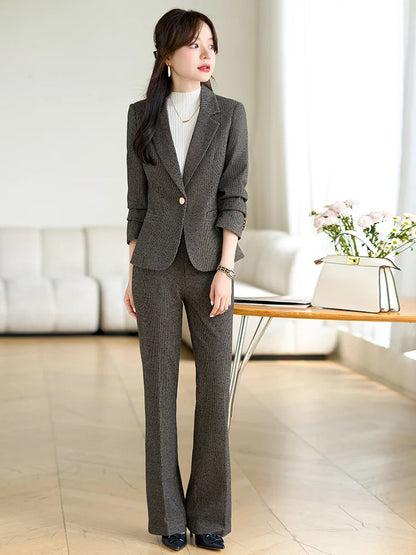 2024 Autumn Winter New Retro Plaid Woolen Blazer Coat And High Waist Flare Pant Two Piece Set Women's Suit Business Clothing