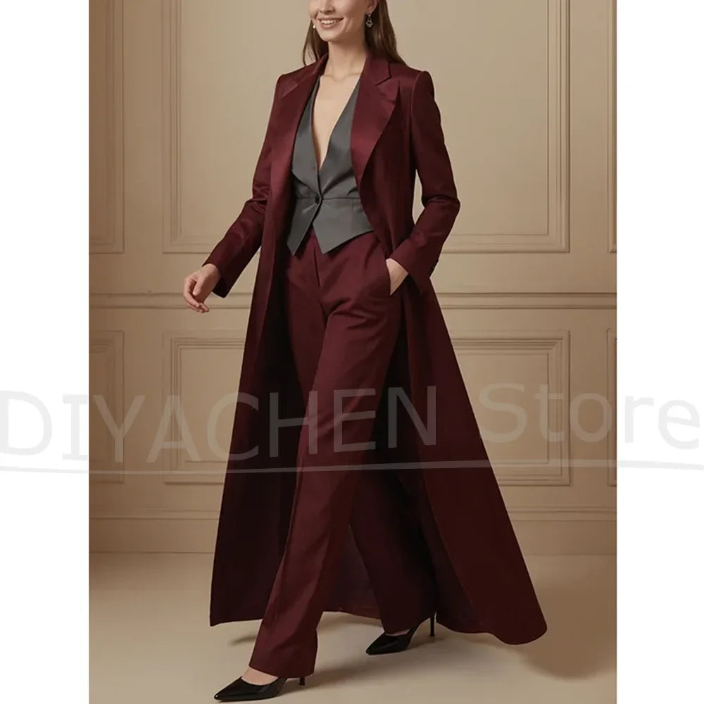 Women's Suit Set Burgundy Long Coat with Gray Vest Wide Leg Pants Chic Peak Lapel Formal Wedding Party Prom Outfit 3 Piece