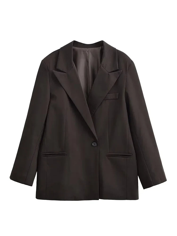 Autumn Women Fashion Solid Blazer Female High Street Pockets Turn-down Collar Single Button Commuter Casual Long Sleeve Coat