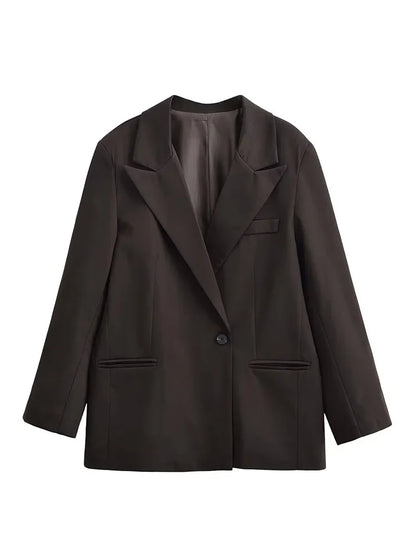 Autumn Women Fashion Solid Blazer Female High Street Pockets Turn-down Collar Single Button Commuter Casual Long Sleeve Coat