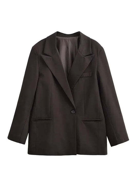 Autumn Women Fashion Solid Blazer Female High Street Pockets Turn-down Collar Single Button Commuter Casual Long Sleeve Coat
