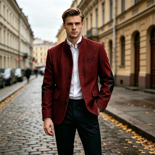 Men's Herringbone Tweed Blazer With Elbow Patches Retro Stand Collar Jacket Slim Fit Daily Party Business Casual Sport Coat ﻿