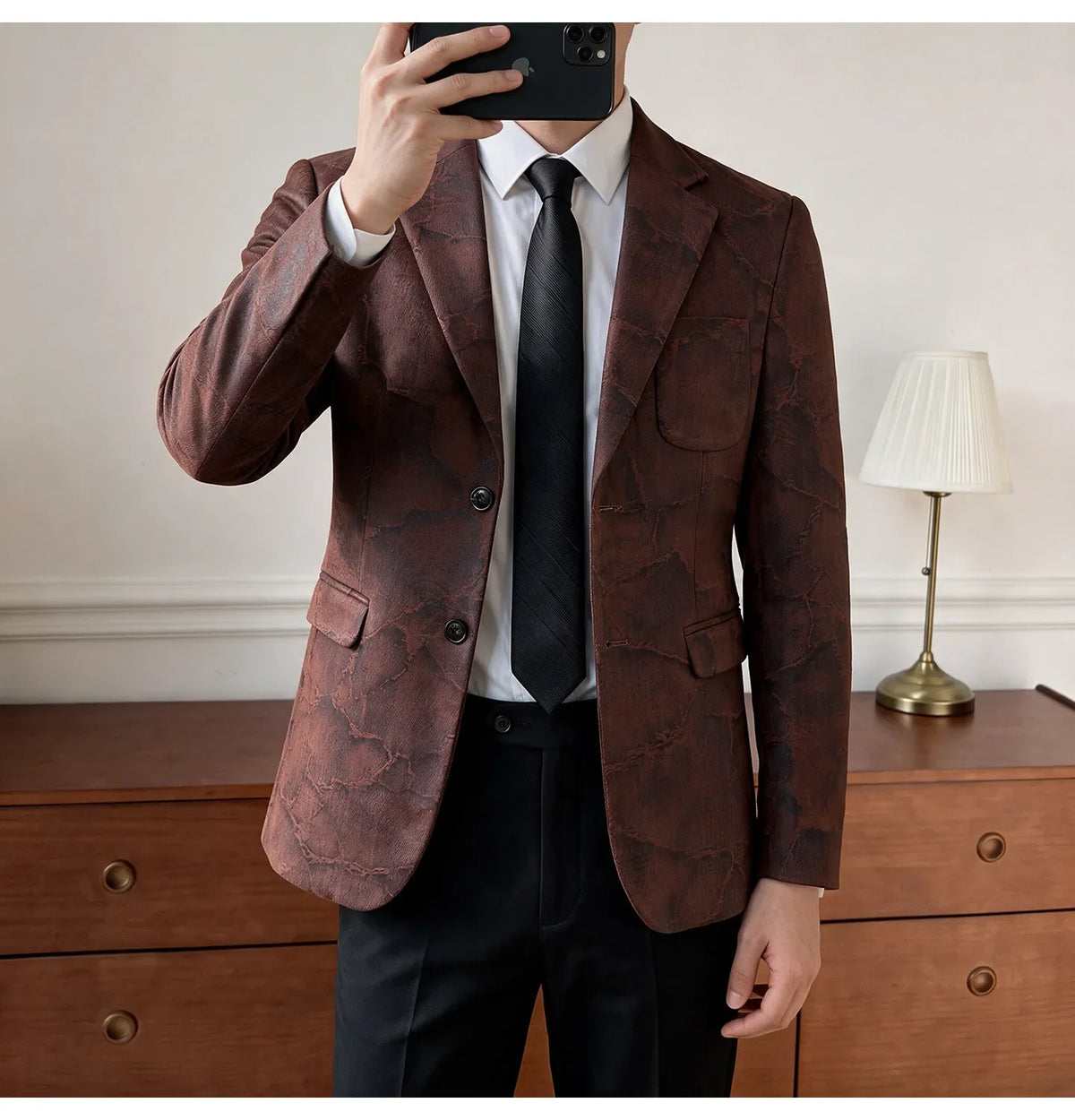 Men's Embossed Suede Blazer Smart Casual Single Breasted Jacket for Everyday Wear