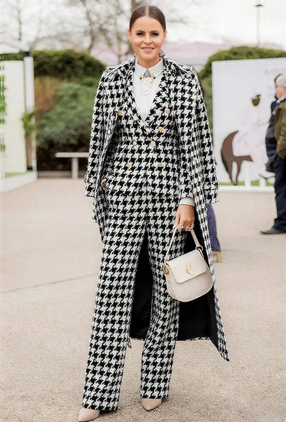 Chic Houndstooth Women Suits 3 Piece & Only Jacket Peak Lapel Formal Casual Prom Party Pants Sets Long Coat Blazer Pants