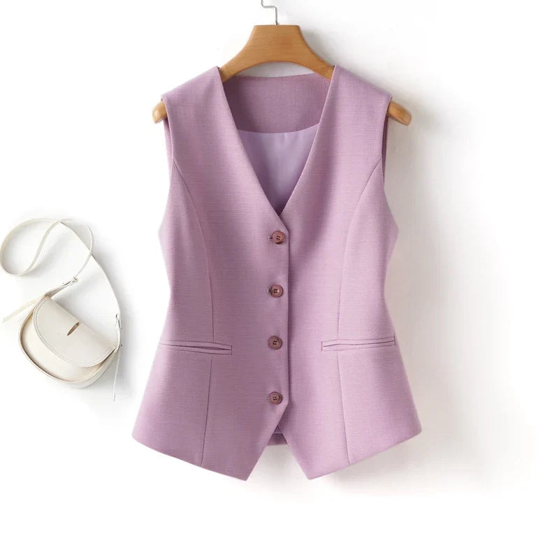 Fashionable Sleeveless Suit Vest for Women in Spring and Autumn Single-Breasted Short V Neck Top Layered with Workplace Elegant W