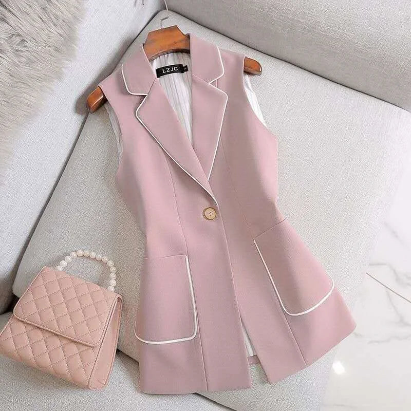 2026 Spring Autumn Women Vintage Long Blazer Vest Chic Single Button Sleeveless Suit Female Jacket Outwear Waistcoat Tops