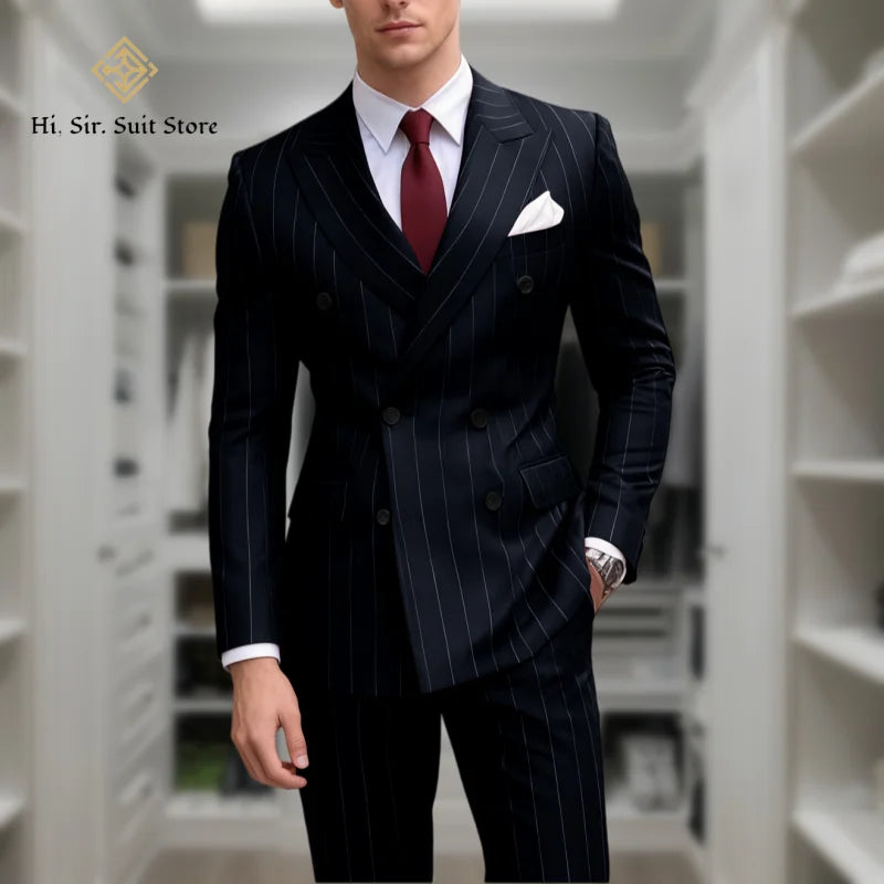 Men's 2-Piece Slim Fit Double-Breasted Striped Suit Set for Men – Wedding, Business & Formal Occasions