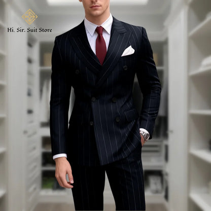 Men's 2-Piece Slim Fit Double-Breasted Striped Suit Set for Men – Wedding, Business & Formal Occasions