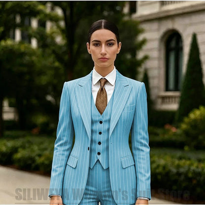 White Striped Women Suit 3 Piece Chic Peak Lapel One Button Blazer Vest Pants Formal Office Business Wedding Party Wear