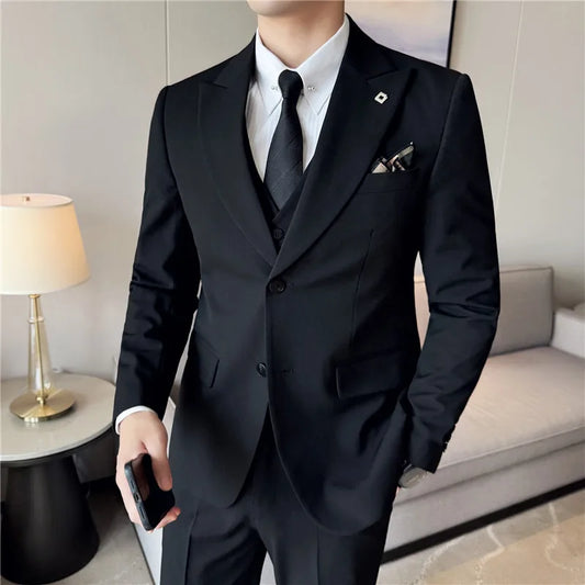 Men's 3 Piece Suit Set Double‑Button Solid Color Slim Fit Business Casual Wedding Banquet Party Jacket Vest Pants Formal Outfit