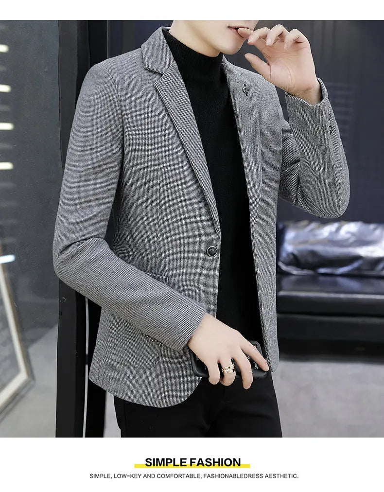 Blazer: An Outdoor Fashion Business Gentleman Pure Color Wedding Host Slim-fit Casual Korean-style Versatile Men Fleece Blazer
