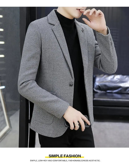 Blazer: An Outdoor Fashion Business Gentleman Pure Color Wedding Host Slim-fit Casual Korean-style Versatile Men Fleece Blazer