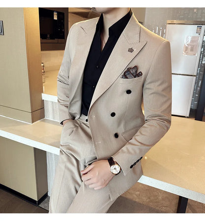 (Blazer + Trousers) Fashion Double Breasted Design Slim Men's Suit Italian Style Luxury Wedding Social Party Tuxedo 2 Piece Set