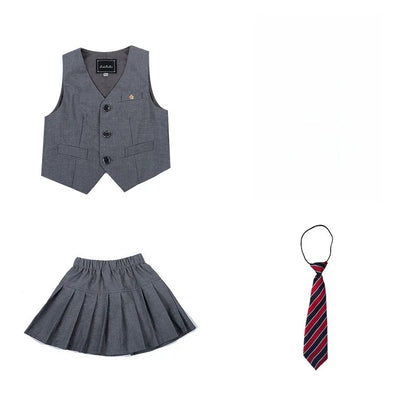 Boys Girls Summer 3Pieces School Uniform With Vest Shorts/Skirt Tie Children's Piano Host Speech Chorus Performance Costume