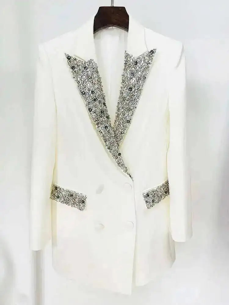 Trendy Fashion Women's Tide Handmade Gorgeous Blazer Heavy Industry Nail Bead Inlaid Diamond Slim Medium Length Coats H2699