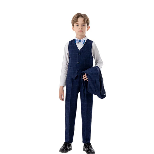 Gentleman Boys Blue Plaid Suit Set Kids 3Pieces Jacket Vest Pants Formal Suit For Wedding Children's Birthday Photography Blazer