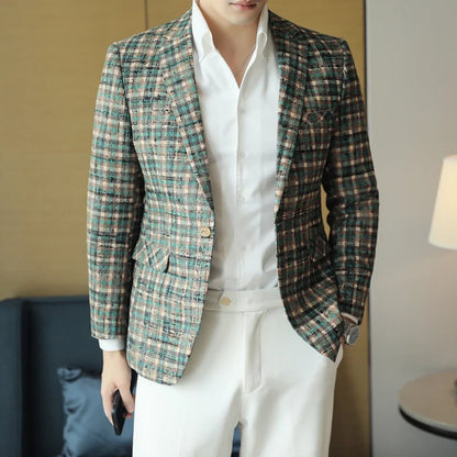 British Style Plaid Woven Casual Suit Jacket for Men Slim Fit Business Social Dress Coats Wedding Party Banquet Office Blazers