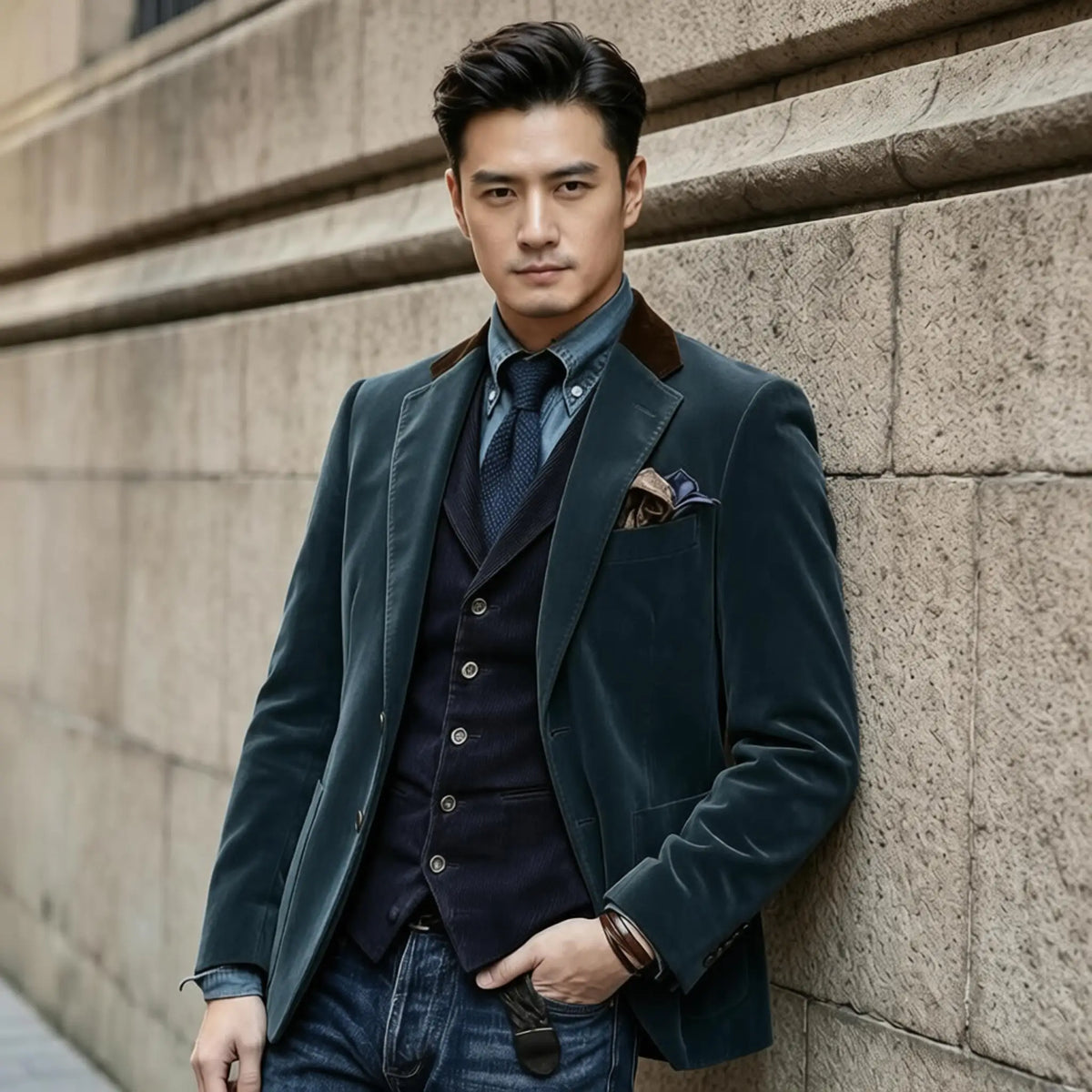 Men Velvet Blazer Contrast Brown Lapel Single Breasted Flap Pockets Smart Casual Business Streetwear Formal Outerwear