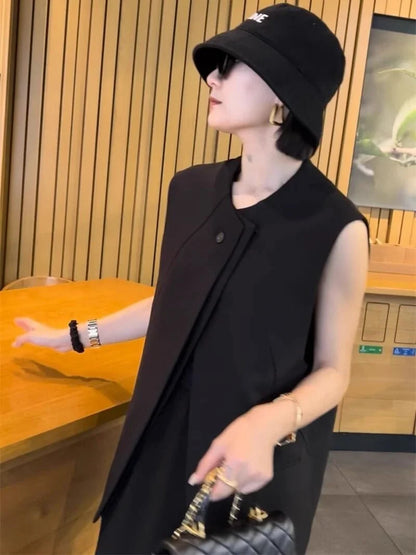 Ladies Solid Color Vest Top Outwear Korean Femme Casual Suit Collar Sleeveless Jacket Spring Women Fashion Loose Waistcoat Coat